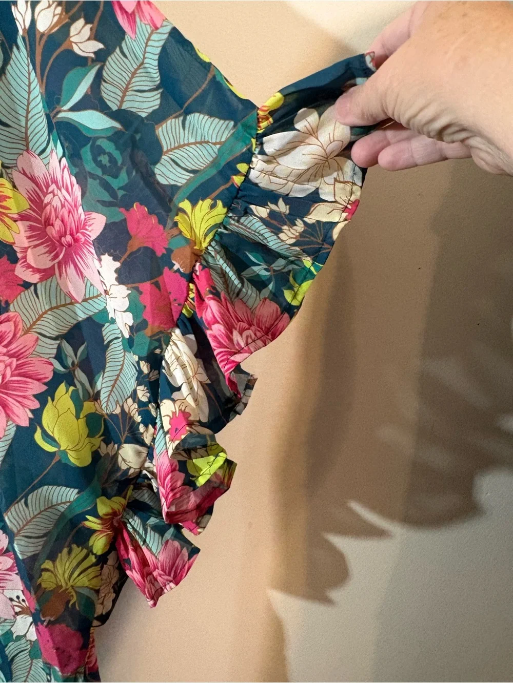 Umgee USA women's 1XL kimono green teal pink floral ruffle short sleeve shawl - Picture 7 of 10